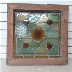 OLD VINTAGE WOOD FRAME STAINED GLASS WINDOW