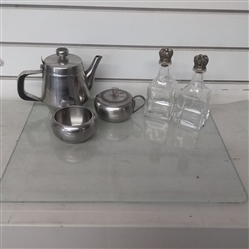 GLASS CUTTING BOARD, STAINLESS TEA POT, GLASS BOTTLES WITH METAL STOPPERS