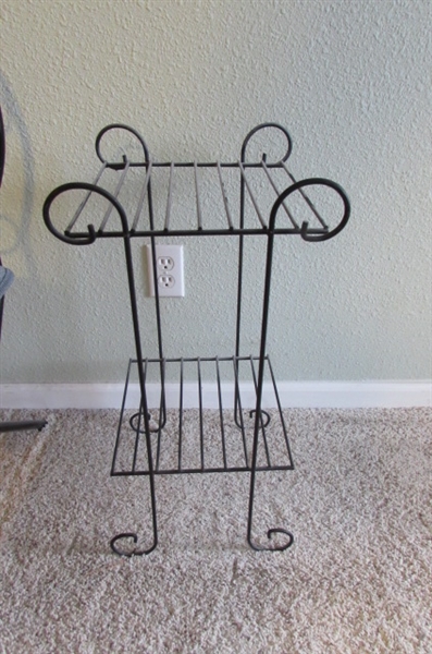 FOLDING METAL CHAIR WITH CUSHION & WROUGHT IRON 2-SHELF PLANT STAND