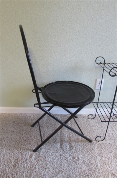 FOLDING METAL CHAIR WITH CUSHION & WROUGHT IRON 2-SHELF PLANT STAND