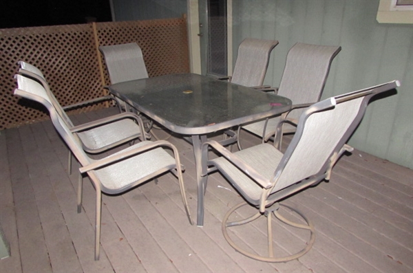 RECTANGULAR PATIO TABLE WITH 6 SLING BACK CHAIRS
