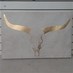 GOLD TEXAS LONGHORN ON CANVAS WITH WOOD LOOK BACKGROUND 24 X 16