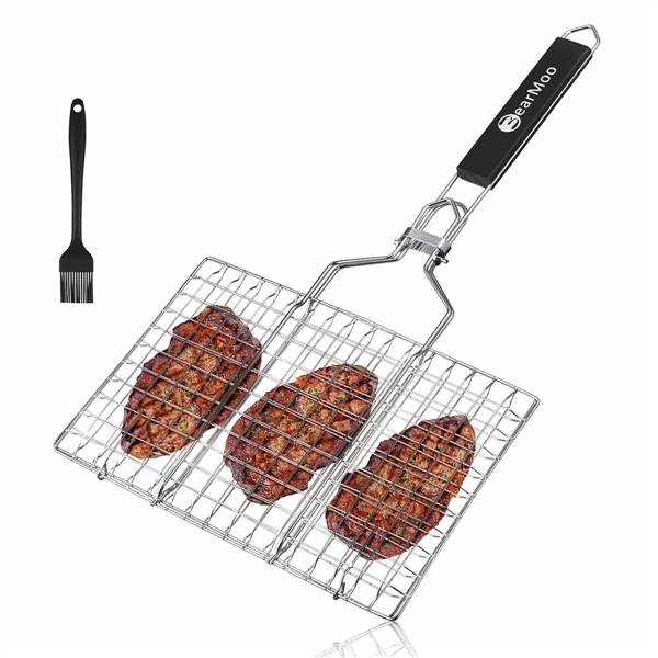 BEARMOO PORTABLE BBQ GRILLING BASKET WITH CARRYING POUCH, REMOVABLE HANDLE AND SAUCE BRUSH
