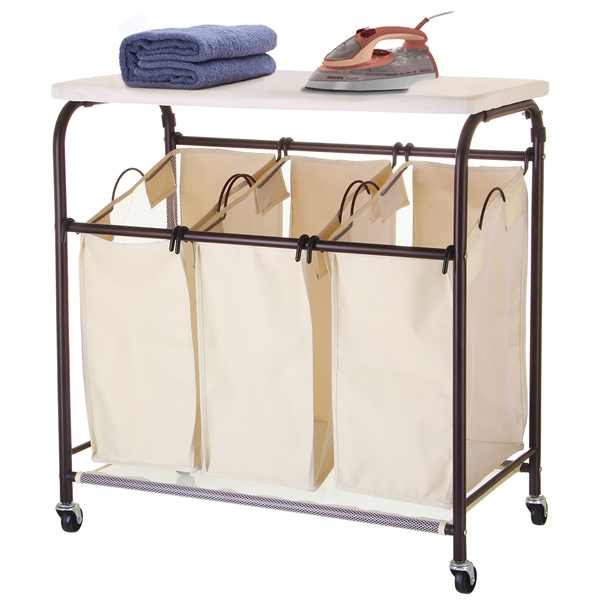 THREE SECTION LAUNDRY SORTER WITH IRONING BOARD
