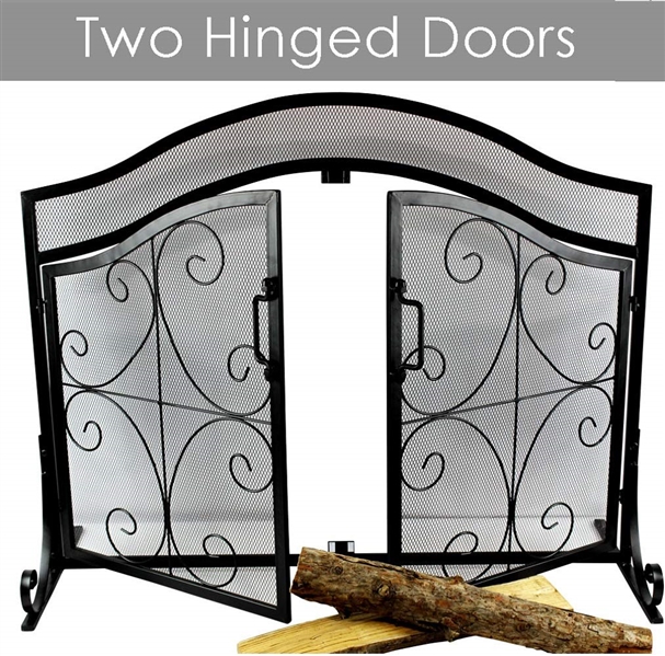 WROUGHT IRON FIREPLACE SCREEN WITH 2 DOORS