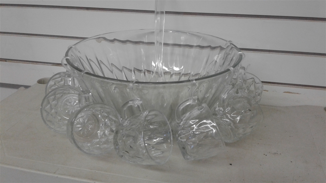 PUNCH BOWL WITH CUPS , DESSERT DISHES & MORE CUPS
