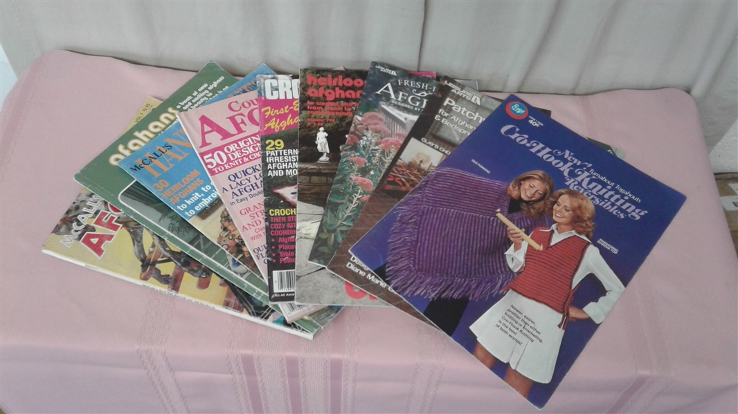 LARGE ASSORTMENT OF ACRYLIC YARN AND CROCHET/KNIT MAGAZINES AND BOOKS