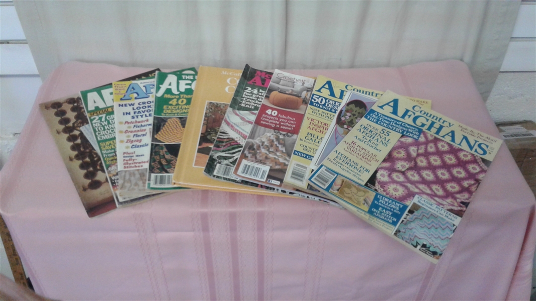 LARGE ASSORTMENT OF ACRYLIC YARN AND CROCHET/KNIT MAGAZINES AND BOOKS