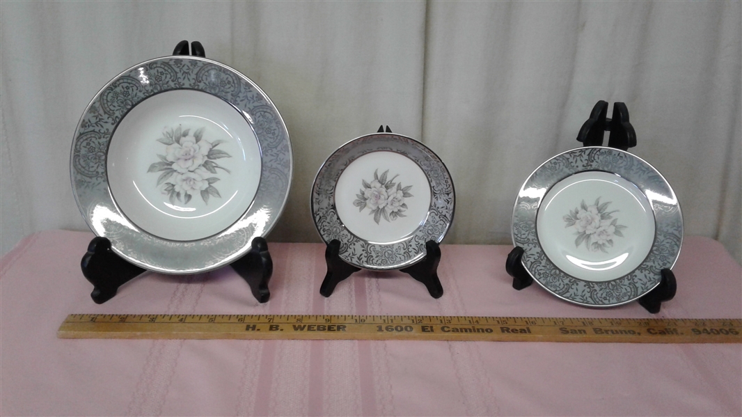 ROYAL CATHAY CHINA  SILVER GARDENIA SET FOR 6 PLUS SERVING PIECES