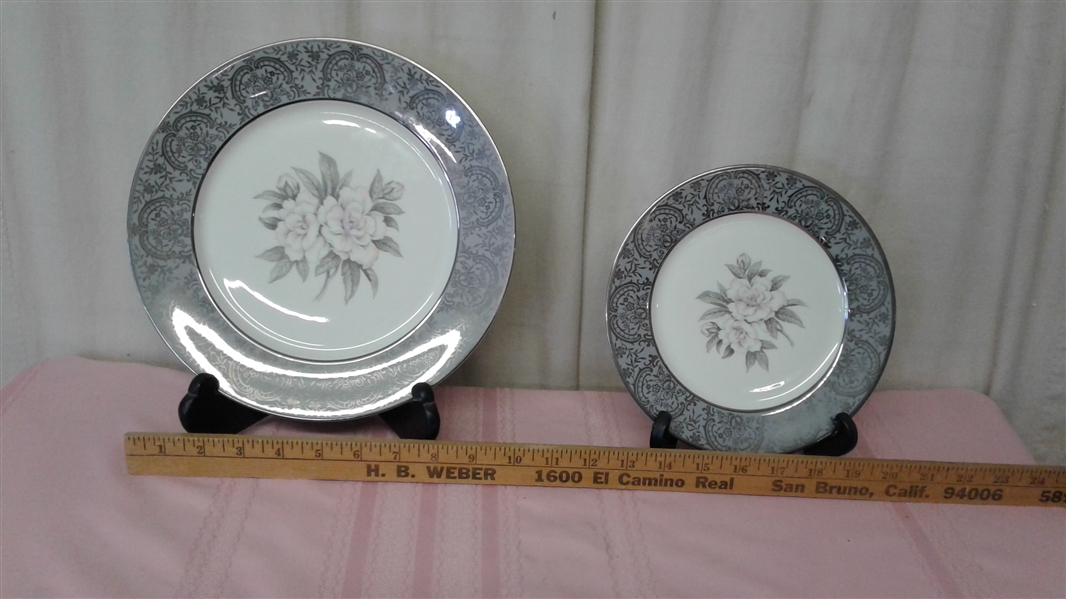 ROYAL CATHAY CHINA  SILVER GARDENIA SET FOR 6 PLUS SERVING PIECES