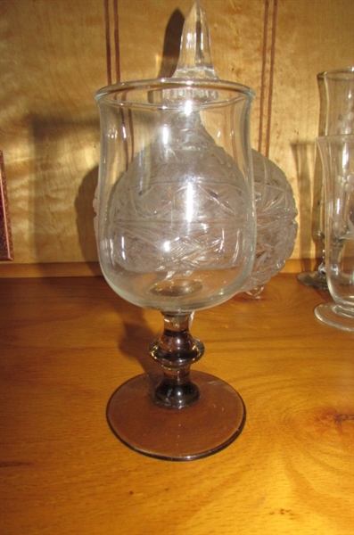 CRYSTAL STEMWARE, COVERED CANDY DISHES & ETCHED VASES
