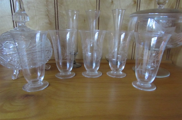 CRYSTAL STEMWARE, COVERED CANDY DISHES & ETCHED VASES