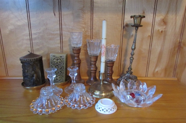 CRYSTAL/GLASS/BRASS & WOODEN CANDLE HOLDERS