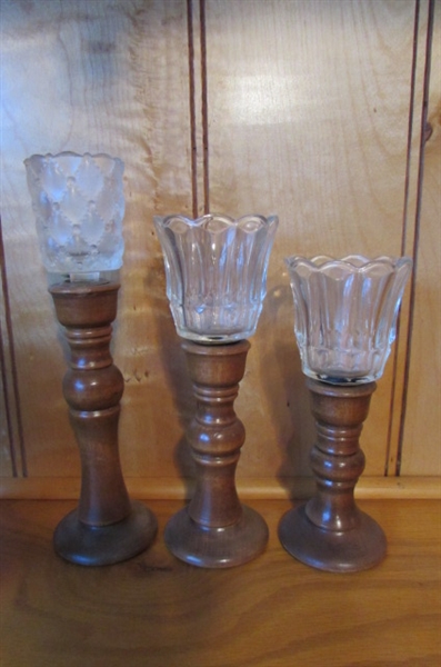CRYSTAL/GLASS/BRASS & WOODEN CANDLE HOLDERS