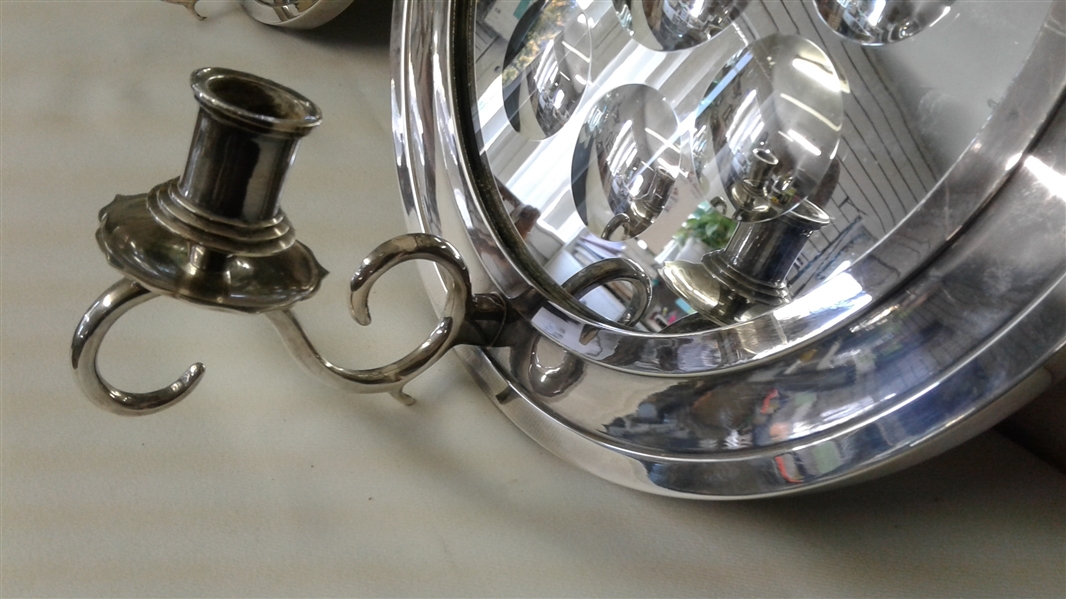 GORGEOUS PAIR OF *SILVER PLATE* MIRRORED WALL CANDLESTICK SCONCES