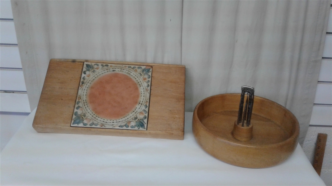 WOODEN NUT BOWL WITH TOOLS AND WOOD & TILE HOT PLATE