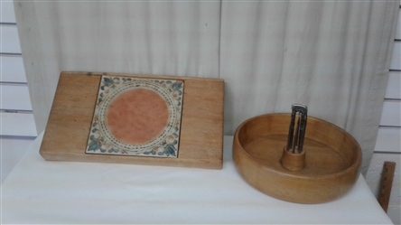 WOODEN NUT BOWL WITH TOOLS AND WOOD & TILE HOT PLATE