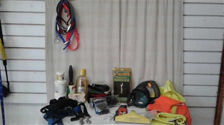 MEDIUM-LARGE DOG CARE LOT- LEASHES, SHOCK COLLAR, COLLARS, SAFETY VESTS, DOGGLES, AND MORE