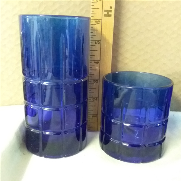 BLUE GLASS BOWLS AND GLASSES