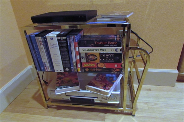 SMALL SIDE TABLE WITH DVD PLAYER/VCR/DVD'S & VHS MOVIES