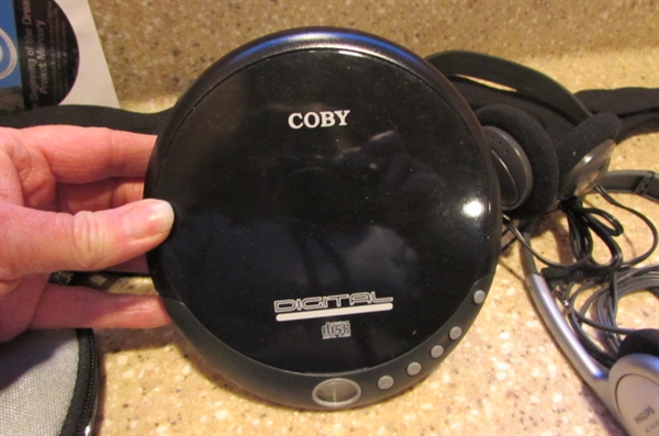 COBY DIGITAL CD PLAYER, CASE, HEADPHONES & CDS