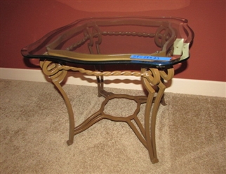 BEVELED GLASS SIDE TABLE WITH METAL BASE