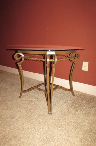BEVELED GLASS SIDE TABLE WITH METAL BASE