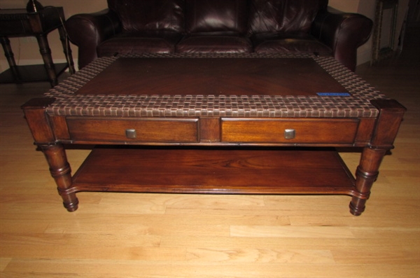 COUNTRY/WESTERN STYLE WOOD AND FAUX LEATHER COFFEE TABLE