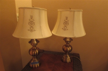 PAIR OF BRASS TABLE LAMPS W/EMBROIDERED SHADES