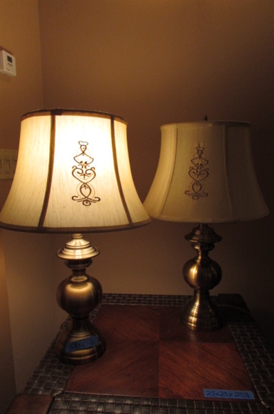 PAIR OF BRASS TABLE LAMPS W/EMBROIDERED SHADES