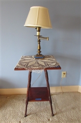 VINTAGE/ANTIQUE TABLE, BRASS TABLE LAMP & DOILY