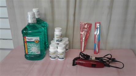 MOUTHWASH, GAS RELIEF TABLETS, CONAIR TRIMMER, TOOTHBRUSH, AND SCISSORS