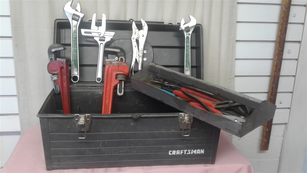 CRAFTSMAN TOOLBOX WITH PIPE WRENCHES, PLIERS, AND MORE TOOLS