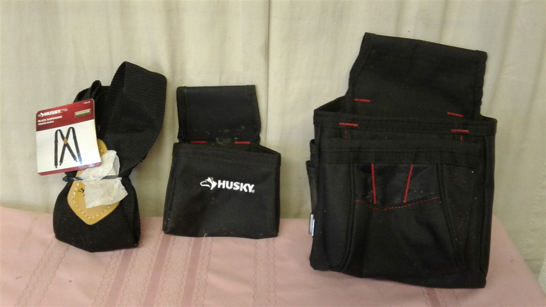 HUSKY TOOL BELT POUCHES, SUSPENDERS, AND TOOLS