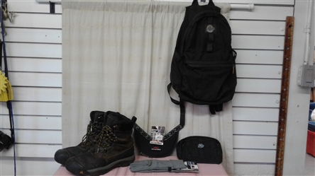MENS SIZE 14 KEEN BOOTS, GLOVE LINERS, HELMET VISOR, BACKPACK AND FANNYPACK