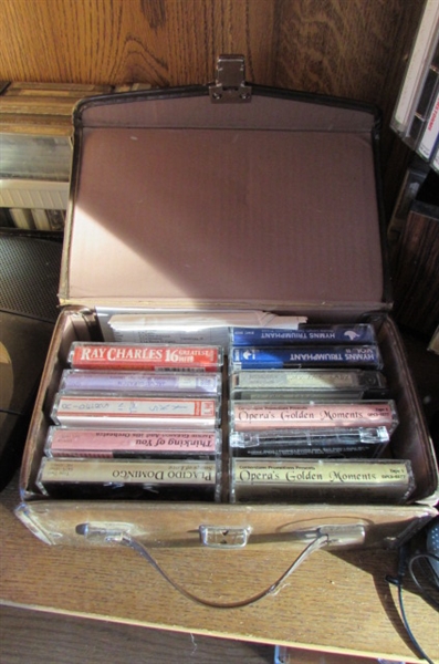 SONY CD/RADIO/CASSETTE PLAYER, HEADPHONES, CASSETTES, CDS & RECORDS