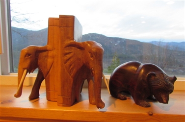ELEPHANT BOOKENDS & CARVED BEAR