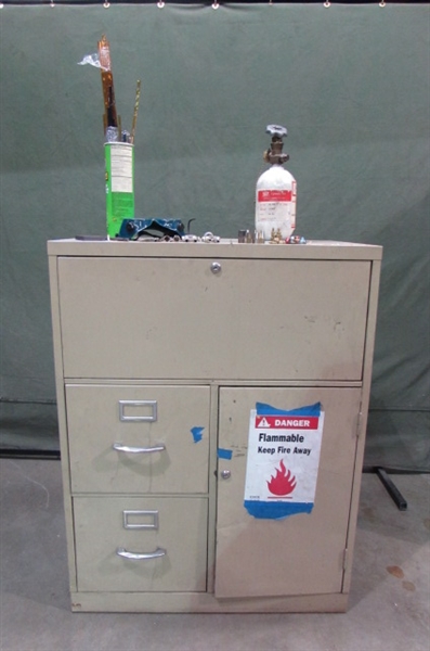 METAL CABINET WITH ASSORTED GLASS & TORCH PARTS
