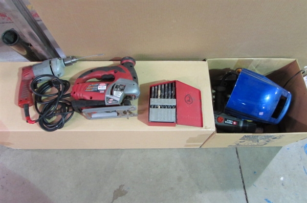 SKIL JIG SAW/MILWAUKEE ELECTRIC DRILL & MISC TOOLS FOR PARTS OR REPAIR
