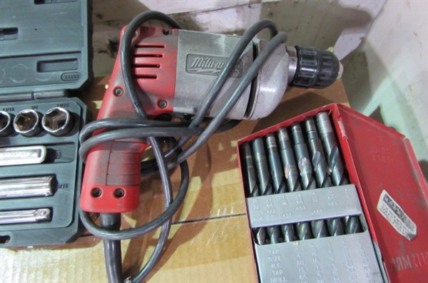 MILWAUKEE ELECTRIC DRILL, HANDSAW SOCKET WRENCH SET & MORE
