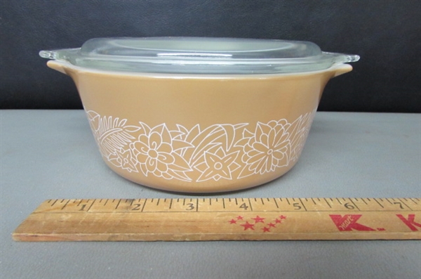 2 SMALL PYREX WOODLAND CASSEROLES WITH LIDS AND SQUARE DISH