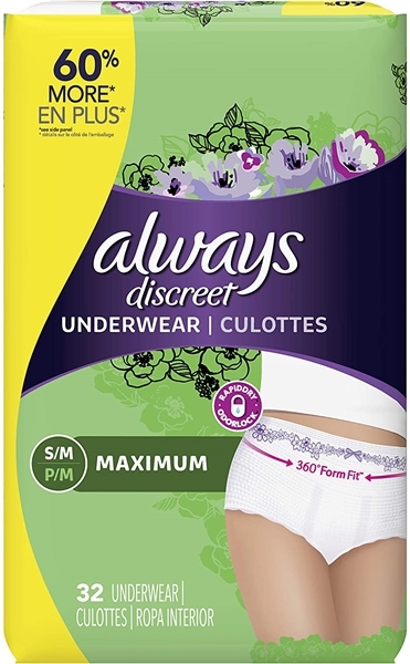 Always Discreet Incontinence & Postpartum Underwear for Women, Small/Medium, 32 Count