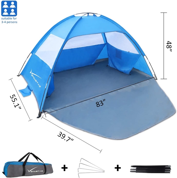 Venustas Beach Tent Beach Umbrella Outdoor Sun Shelter Canopy Cabana UPF 50+ Sun Shade Easy Set Up 3-4 Person, Lightweight and Easy to Carry