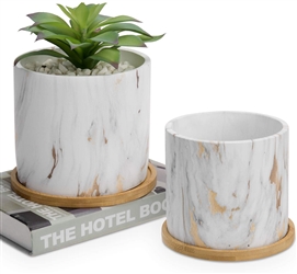 Gold Marble Nesting White Planters with Removable Saucers, Set of 2