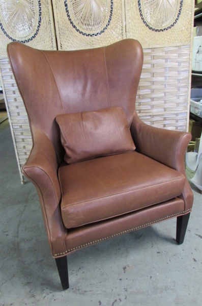 CLINTON MODERN WINGBACK LEATHER CHAIR WITH NAILHEADS MSRP $2599