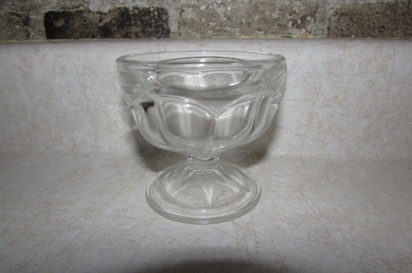 NICE ASSORTMENT OF PRESSED GLASS DESSERT CUPS & ICE CREAM SCOOPS