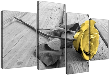  Yellow Grey Rose Flower Black White Floral Canvas 4 Pc