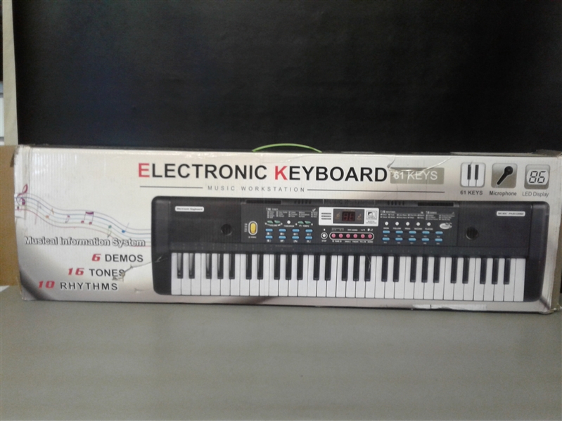61-Key Electronic Keyboard with Power Supply, Microphone, and Music Stand
