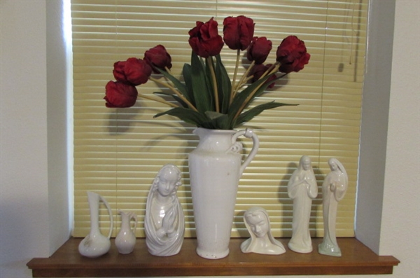 WHITE DECOR & VASES WITH RED SILK TULIPS