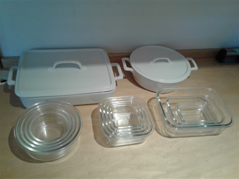 Crate & Barrel White Stoneware and Nesting Glassware- Round, Square and Rectangle
